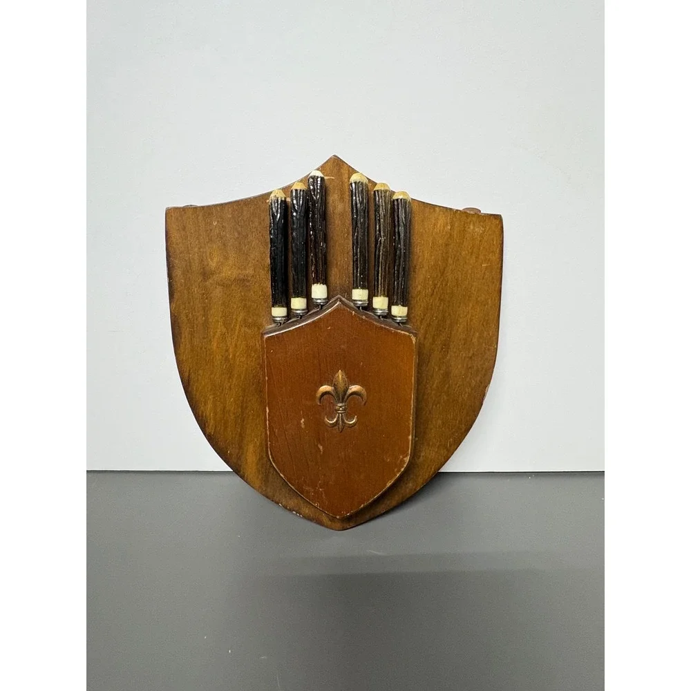 Vtg Japanese Stainless Steel Steak Knife Set 6pc Faux Stag Fleur De Lis Block